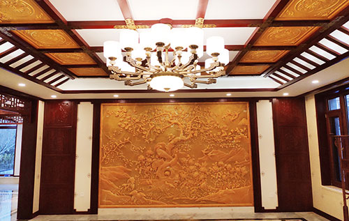 总口管理区中式别墅客厅中式木作横梁吊顶装饰展示